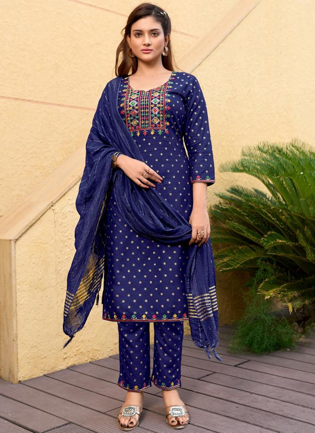 Rayon Royal Blue Traditional Wear Embroidery Work Readymade Kurta Set